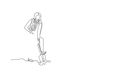 Poster - Animated self drawing of continuous line draw businesswoman digging in dirt using shovel. Woman in blazer dig ground with spade. Business metaphor. Hard working process. Full length one line animation