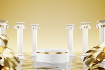 3d yellow background products display cylinder podium scene with classic roman columns, abstract water surface. Foreground of golden plants