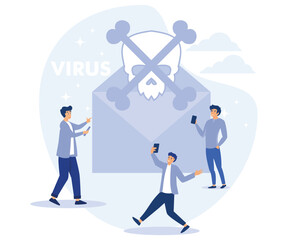 Poster - computer virus concept. scam alert. spam, malicious application. envelope with skull. flat vector mo