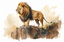 A Regal Lion Standing On A Rocky Outcrop, Painted With Warm And Golden Watercolor Hues  Generative AI