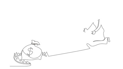 Poster - Animated self drawing of continuous line draw money trap. Arabian businesswoman running to catch money bag in steel bear trap. Metaphor of financial risk bad solutions. Full length one line animation