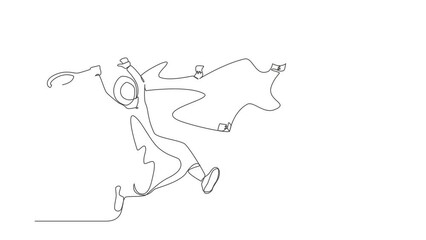 Poster - Animated self drawing of continuous line draw Arabian businesswoman trying to catch flying money with net. Entrepreneur using business opportunity to scoop dollar bills. Full length one line animation