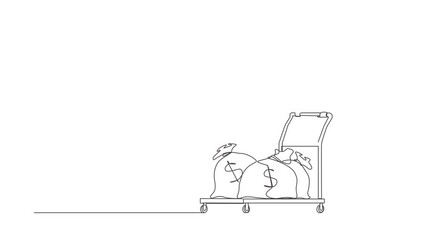 Poster - Animated self drawing of continuous line draw Arabian businessman push cart with money bags. Reward concept. Employee with salary. Investor carries money to startup. Full length single line animation