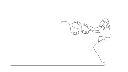 Poster - Self drawing animation of single line draw Arabic businessman millionaire throw out pile of money banknotes flying into air. Success wealthy entrepreneur. Continuous line draw. Full length animated