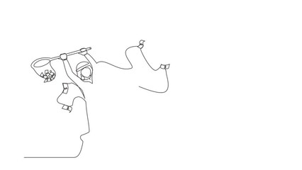 Poster - Animated self drawing of continuous line draw Arab businessman trying to catch flying money with net. Running man using business opportunity to scoop dollar bills. Full length single line animation
