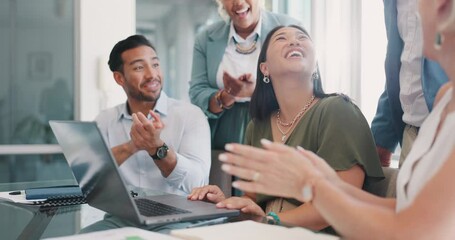 Poster - Success, celebration and applause of business people on laptop. Winner, congratulations and group of staff in meeting clapping for female on computer celebrating goals, sales increase and targets.