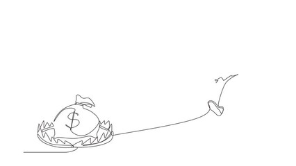 Poster - Animated self drawing of continuous line draw money trap. Businesswoman running to catch money bag in steel bear trap. Metaphor of greedy financial risk bad solutions. Full length one line animation