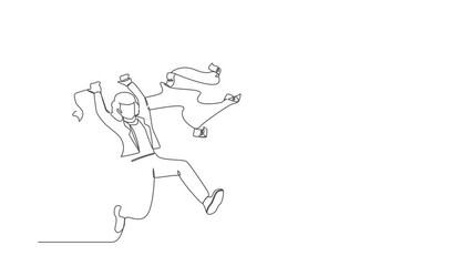 Poster - Animated self drawing of continuous line draw businesswoman trying to catch flying money with net. Running entrepreneur woman using opportunity to scoop dollar bills. Full length single line animation