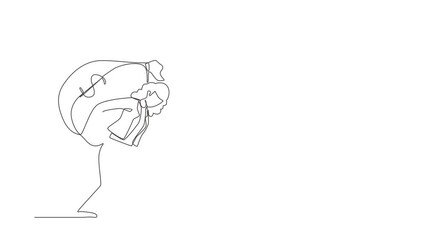 Poster - Animated self drawing of single continuous line draw businesswoman carrying big, heavy money bag on back. Financial problems, taxation burden or debt, deadline concept. Full length one line animation