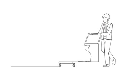 Poster - Animated self drawing of continuous line draw businessman push cart with money bags. Reward or profit. Man employee with salary. Investor carries money to startup. Full length single line animation