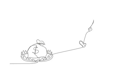 Canvas Print - Self drawing animation of single line draw money trap. Businessman running to catch money bag in steel bear trap. Metaphor of greedy financial risk bad solutions. Continuous line. Full length animated