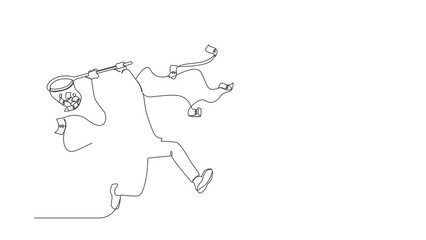 Poster - Animated self drawing of continuous line draw businessman trying to catch flying money with butterfly net. Happy entrepreneur man using opportunity to scoop dollar. Full length one line animation
