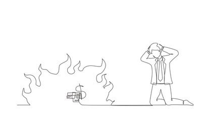 Poster - Animated self drawing of single continuous line draw upset businessman kneeling. Finances burning up. Financial crisis, inflation. Bankruptcy. Inability to pay bills. Full length one line animation