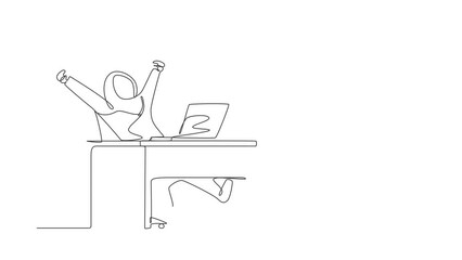 Poster - Animated self drawing of continuous line draw Arab businesswoman sitting in chair using laptop celebrating win with hands raised. Celebrating win, positive emotions. Full length single line animation