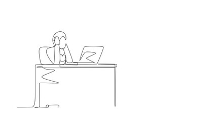 Poster - Animated self drawing of continuous line draw tired office worker woman. Arabian female work at laptop feeling bad. Hold head. Headache sick, exhausted, stressed. Full length one line animation