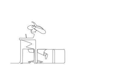 Poster - Animated self drawing of continuous one line draw scared Arabian woman manager looking at laptop screen. Shocked girl watching video on her notebook computer at home. Full length single line animation