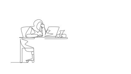 Poster - Animated self drawing of continuous line draw female employee crying while wiping tears using tissue and staring at laptop. Arabian woman working overtime in office. Full length one line animation