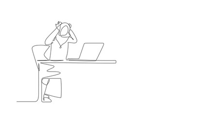 Poster - Self drawing animation of single line draw frustrated frightened Arab businesswoman clerk manager stands at laptop, holding head. Office overload, mental stress. Continuous line. Full length animated