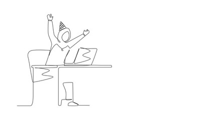 Poster - Self drawing animation of single one line draw success in work, technology. Arabic female stands with hand raised opposite computer screen celebrating success. Continuous line. Full length animated