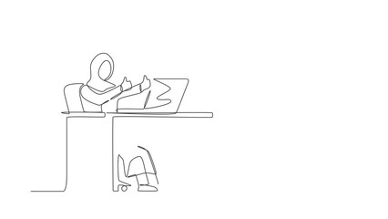 Wall Mural - Animated self drawing of continuous line draw Arabic businesswoman giving good sign in front of computer. Female in blazer operating PC doing thumbs-up. Happy employee. Full length one line animation