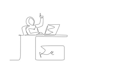 Poster - Animated self drawing of continuous line draw Arab businesswoman getting new idea working with laptop. Female manager working with computer at desk. People get idea. Full length single line animation