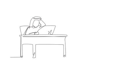 Poster - animated self drawing of continuous line draw manager working on laptop. businessman with question m