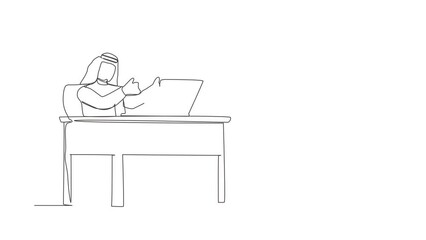 Poster - Self drawing animation of single one line draw businessman giving good sign in front of computer. Manager operating PC doing thumbs-up sign. Happy employee. Continuous line draw. Full length animated