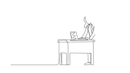 Aufkleber - Animated self drawing of single continuous line draw employee working at ergonomic workstation. Office furniture with laptop. Female standing on foot rest behind desk. Full length one line animation