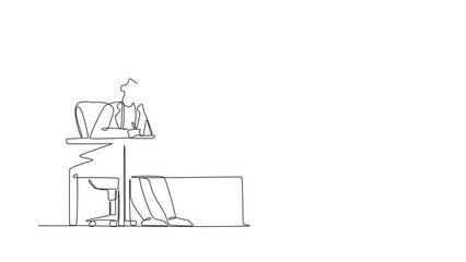 Poster - Animated self drawing of continuous line draw businesswoman writing sitting in front of laptop. Female studying and writing in notebook, at desk in front of computer. Full length one line animation