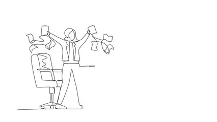 Poster - Self drawing animation of single one line draw businesswoman, company leader or office worker throwing documents in air, enjoying business success while sitting. Continuous line. Full length animated