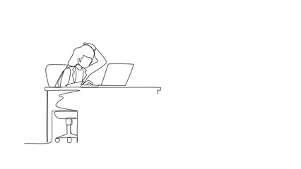 Poster - Animated self drawing of continuous line draw female manager working on laptop. Woman with question mark over head scratches back of her head sitting in front of laptop. Full length one line animation