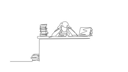 Poster - Animated self drawing of continuous line draw stressed businesswoman throwing tantrum holding her hands to his head shouting while seated at a desk surrounded by files. Full length one line animation