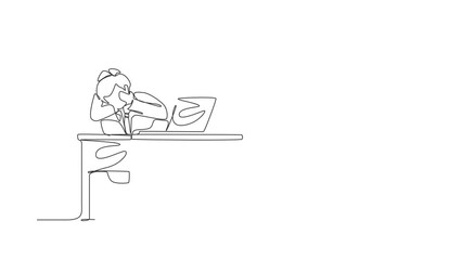 Aufkleber - Animated self drawing of single continuous line draw scared man manager looking at laptop screen. Shocked male watching video on his notebook computer at home. Full length one line animation