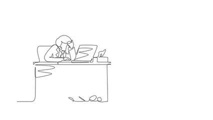 Poster - Animated self drawing of single continuous line draw male employee crying while wiping tears using tissue and staring at laptop. Businessman working overtime in office. Full length one line animation