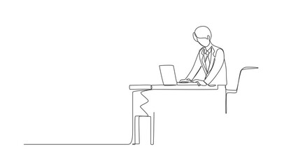 Poster - self drawing animation of single line draw employee working at ergonomic workstation. office furnitu
