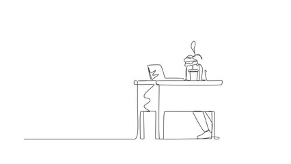 Poster - Animated self drawing of continuous line draw fat obese man using laptop eating burger unhealthy concept overweight male freelancer sitting at workplace full length. Full length one line animation