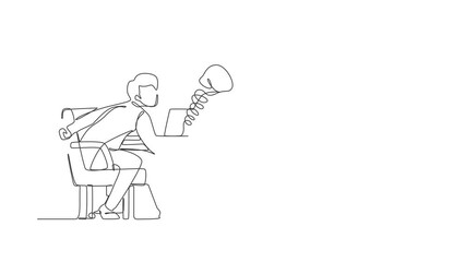 Poster - Animated self drawing of continuous line draw sad man using social media being punched by boxing gloves from laptop. Bullying, online harassment using social media. Full length one line animation
