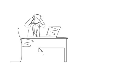 Poster - Animated self drawing of continuous line draw scary frustrated frightened businessman clerk manager stands at laptop, holding head. Office overload, mental stress. Full length one line animation