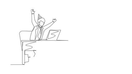 Aufkleber - Self drawing animation of single one line draw success in work, winning online. Businessman stands in office with hand raised opposite screen celebrating success. Continuous line. Full length animated