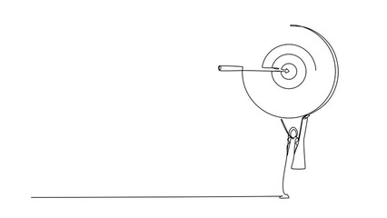 Poster - Self drawing animation of single line draw Arabian businesswoman holding up big target with arrow. Female manager with aim as symbol of having success idea. Continuous line draw. Full length animated
