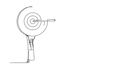 Poster - Animated self drawing of continuous line draw professional businesswoman holding up big target with arrow. Female manager with aim as symbol of having success idea. Full length single line animation