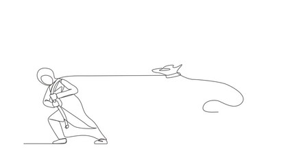 Poster - Animated self drawing of continuous line draw Arabian businesswoman pulling big bag of money. Business metaphor. Corporate competition or business challenge concept. Full length one line animation