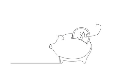 Poster - Self drawing animation of single line draw Arabian businessman putting dollar coin into piggy bank. Money savings, finance, bank deposit, capital accumulation. Continuous line. Full length animated
