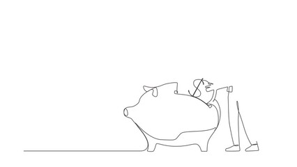 Poster - Animated self drawing of continuous line draw businesswoman putting dollar coin into piggy bank. Money savings, personal investment, finance, funding, bank deposit. Full length one line animation