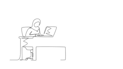 Poster - animated self drawing of continuous line draw arab female works in office. woman working, typing sen