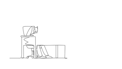 Poster - Animated self drawing of continuous one line draw female works in office. Working, typing sending messages. Table, computer flat vector. Workplace and communication. Full length single line animation