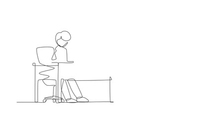 Aufkleber - Self drawing animation of single one line draw male works in office. Businessman working, typing sending messages. Table, computer. Workplace communication. Continuous line draw. Full length animated