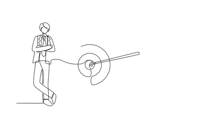 Poster - animated self drawing of continuous line draw happy businessman or manager is standing near target. 