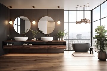 Wall Mural - modern bathroom with a spacious bathtub and a large window for natural light created with Generative AI technology