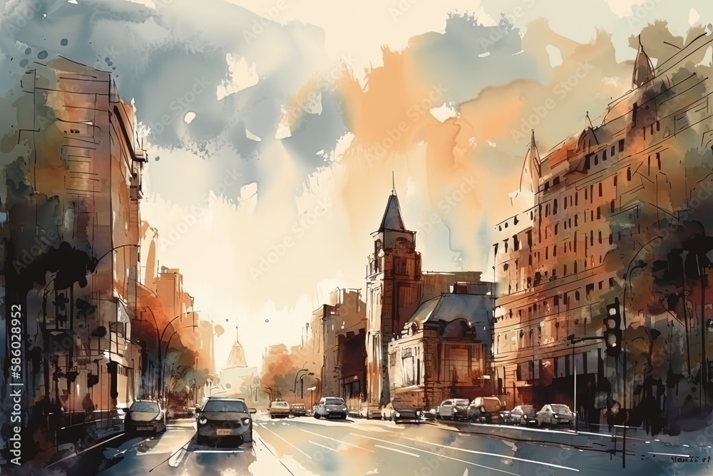 bustling city street with colorful buildings and busy cars created with ...